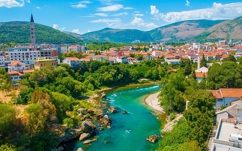 Mostar, summer, Neretva, river, cityscape, Bosnia and Herzegovina, tourism, HD wallpaper