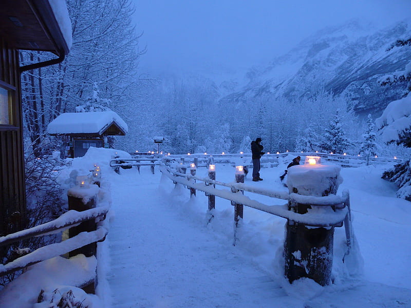 Ice candles along Deck - Alaskan Winter, snow, cabins, lights, fence, trees, night, HD wallpaper
