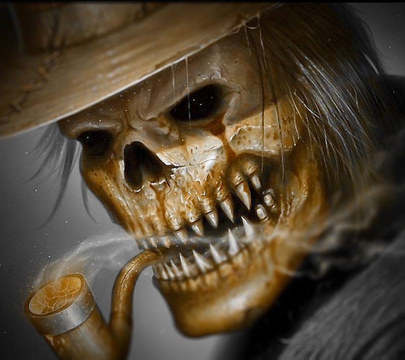 Smoker, art, color, creepy, dark, gothic, scary, skeleton, skull, smoke, HD wallpaper