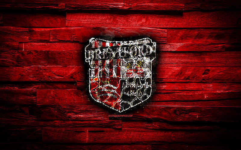 Brentford FC, red wooden background, England, burning logo, Championship, english football club, grunge, Brentford logo, football, soccer, wooden texture, HD wallpaper