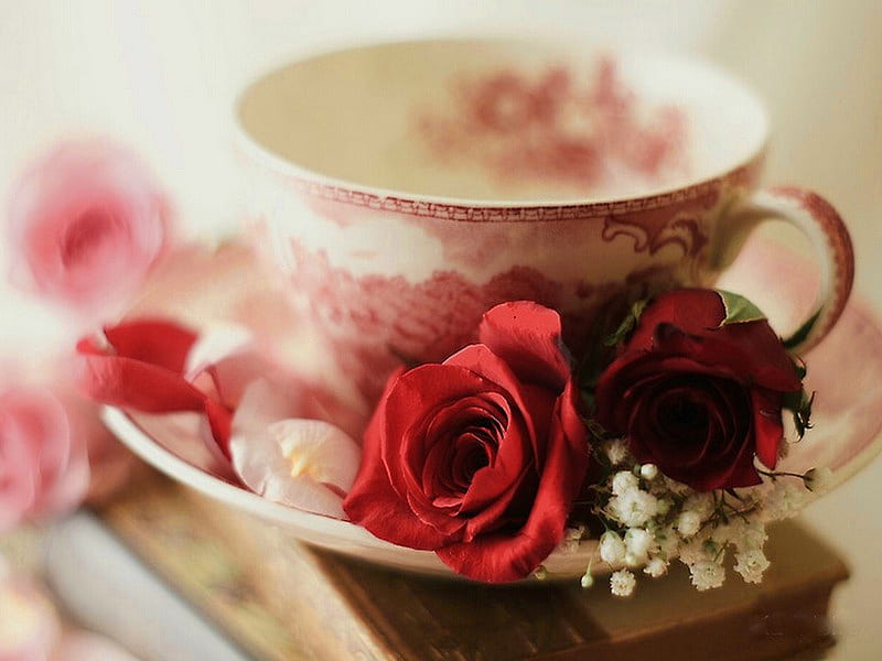 Tea with roses, red, pretty, lovely, bonito, roses, tea, nice, tea time, flowers, HD wallpaper