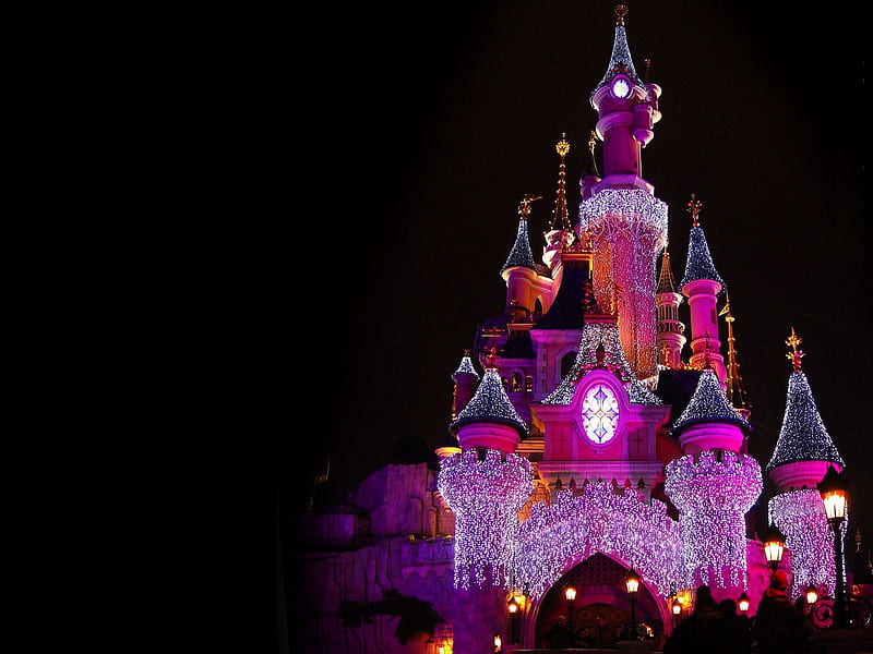 Disneyland castle, black, castle, pink, night, disneyland, HD wallpaper