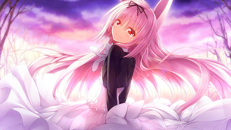 Tears With A Smile, anime, tears, bunny ears, pink hair, red eyes, HD wallpaper