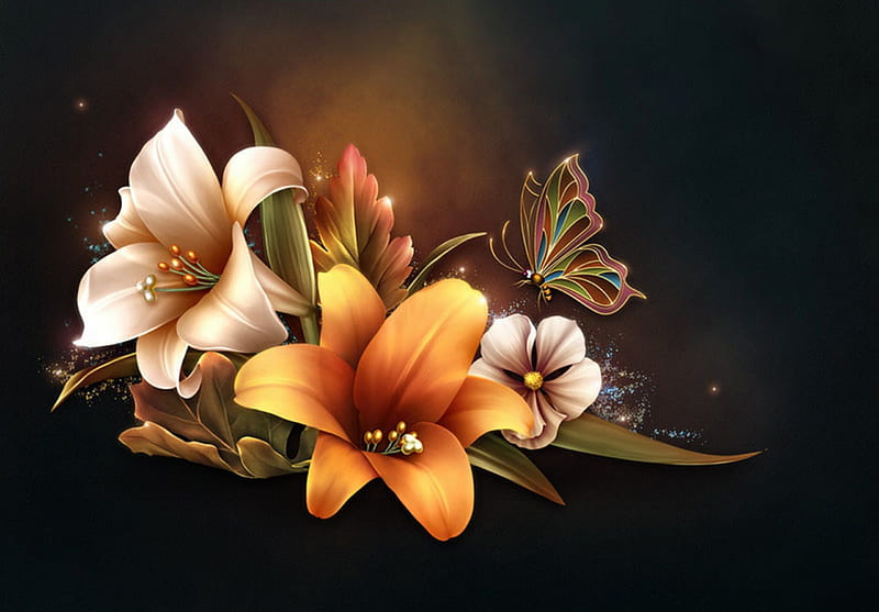 WHITE & GOLD LILIES, GOLD, LILIES, FLOWERS, WHITE, BUTTERFLY, HD wallpaper