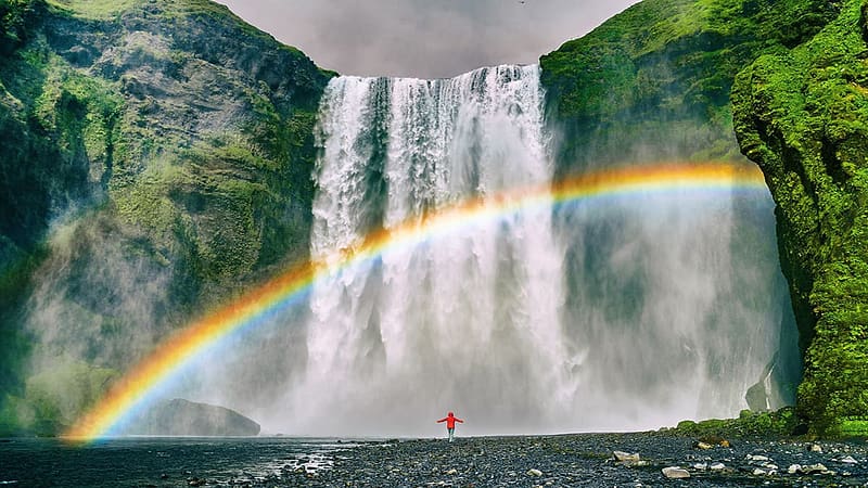 Skogafoss waterfall in Iceland, cascades, river, water, rainbow, rocks, HD wallpaper