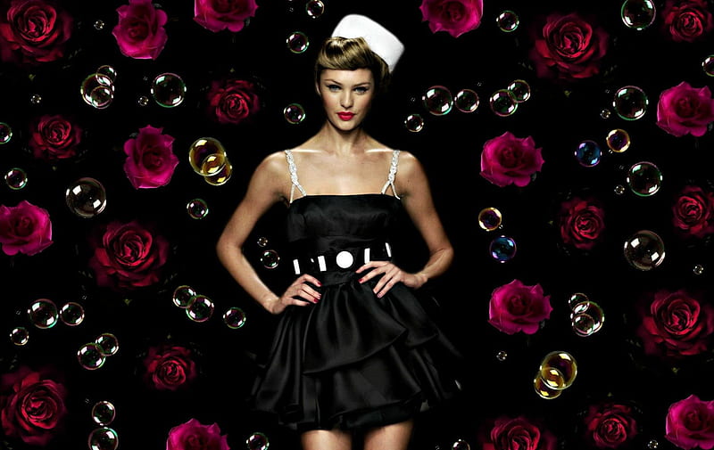 Candice Swanepoel , red, dress, model, rose, black, by cehenot, woman, hat, girl, bubbles, fashion, white, pink, Candice Swanepoel, HD wallpaper