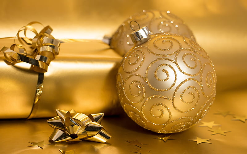 New Year, golden gift, Christmas balls, gold bow, decorations, HD wallpaper