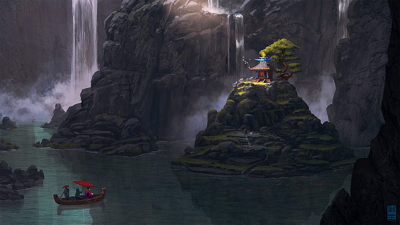 fantasy landscape, waterfall, underground, boat, asian temple, Fantasy, HD wallpaper
