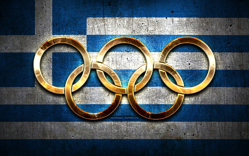 Greek olympic team, golden olympic rings, Greece at the Olympics, creative, Greek flag, metal background, Greece Olympic Team, flag of Greece, HD wallpaper
