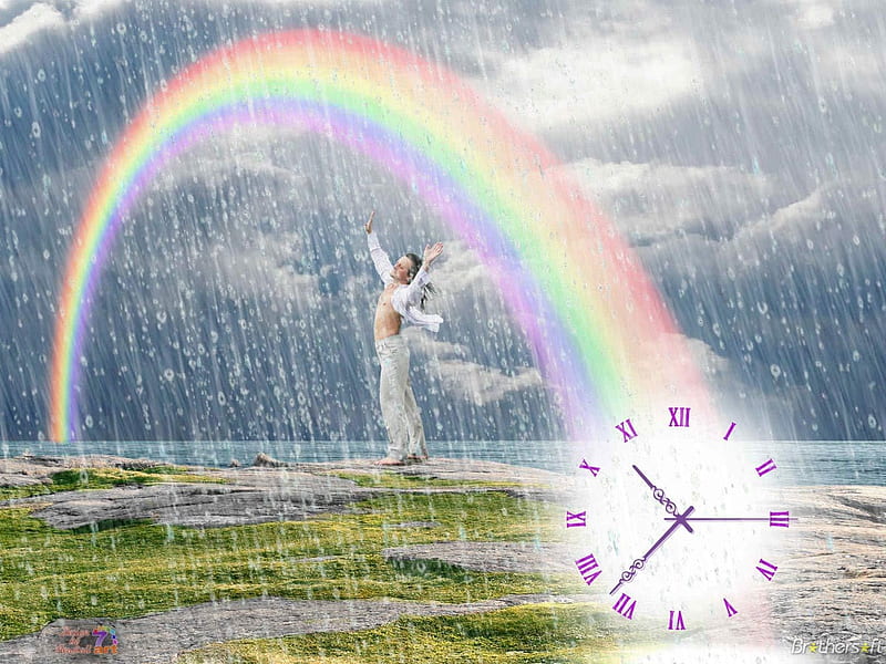 Summer Rain Clock, colors, clock, man, pastels, rainbow, dancing, clouds, hands, rain, HD wallpaper