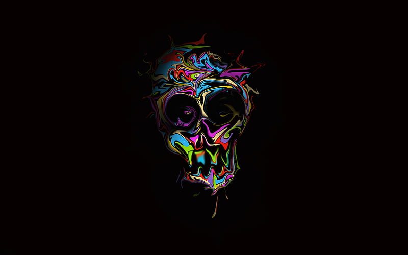 scary skull, black background, minimal, creative, artwork, background with skull, paint splashes, skull, HD wallpaper