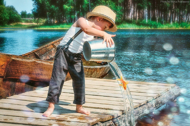 Happy Boys Go Fishing on the River, children, summer, river, fish, HD  wallpaper