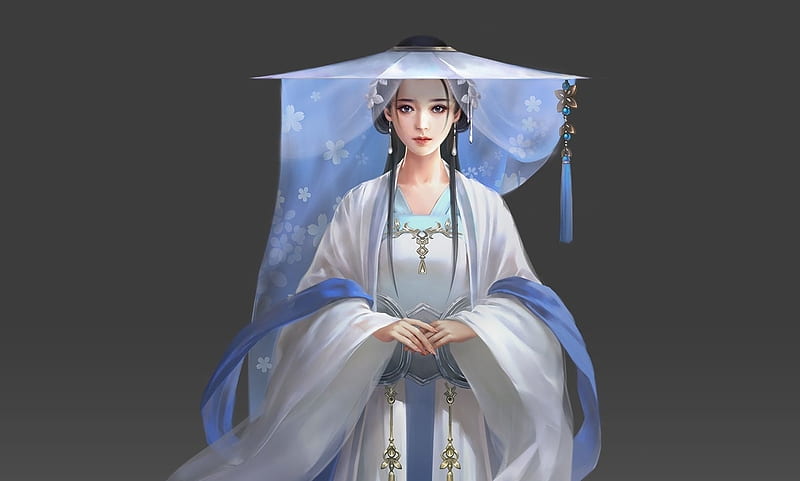Fantasy girl, fantasy, frumusete, girl, gris, asian, white, blue, hat, luminos, HD wallpaper