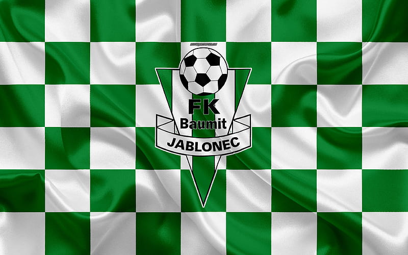 FK Jablonec logo, creative art, green and white checkered flag, Czech football club, Czech First League, emblem, silk texture, Jablonec nad Nisou, Czech Republic, football, HD wallpaper