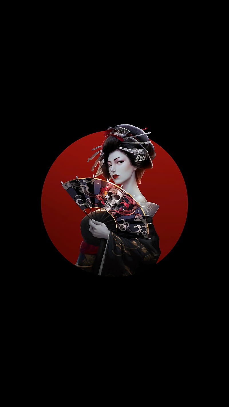 japan, artwork, women, simple background, Asian, dark hair, skull, HD phone wallpaper