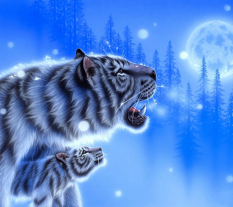 The call, tigru, tiger, white, blue, art, luminos, moon, kentaro nishino, animal, fantasy, moon, cub, HD wallpaper