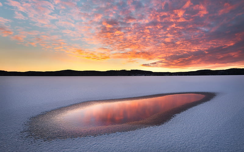 Sunset, paint, sky, clouds, lake, winter, snow, nature, evening, reflection, light, HD wallpaper