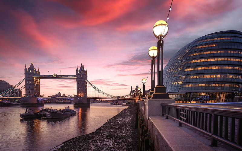 London, Tower Bridge, evening, sunset, modern buildings, Thames River, London cityscape, England, UK, HD wallpaper