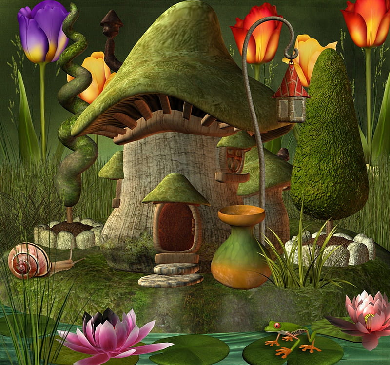 ✼CUTE GNOME HOUSE✼, pretty, lotus, house, grass, Resources, lantern, bonito, sweet, leaves, Premade BG, flowers, tulips, animals, lamp, lovely, snail, colors, lilies, trees, pond, cute, frog, Stock , plants, HD wallpaper