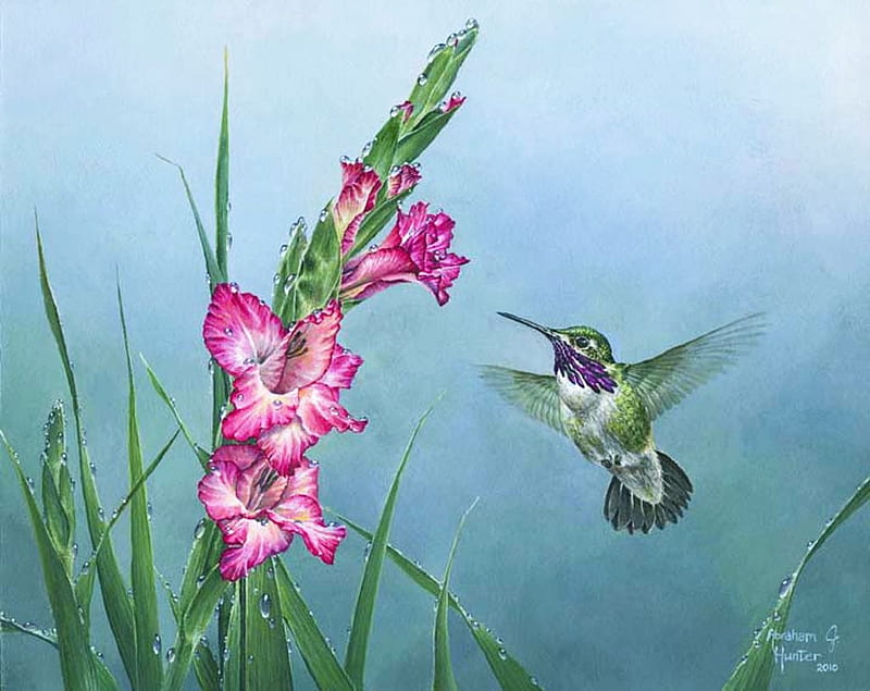 Some Glad Morning, painting, flower, blossoms, hummingbird, gladiolus, artwork, HD wallpaper