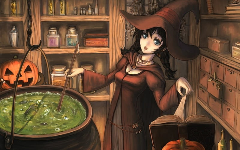 Witch, cauldron, girl, pumpkin, blue eyes, hat, HD wallpaper