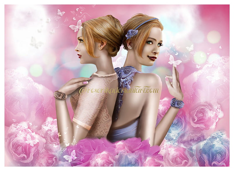 **TWINS IN PINK ROSES**, pretty, wonderful, women, sweet, fantasy, splendor, love, flowers, face, twins, lovely, models, abstract, lips, cute, cool, hop, eyes, colorful, splendid, manipulation, bonito, digital art, animal, hair, Roserika, people, girls, pink, gorgeous, artists, amazing, female, colors, butterflies, roses, pink roses, backgrounds, HD wallpaper