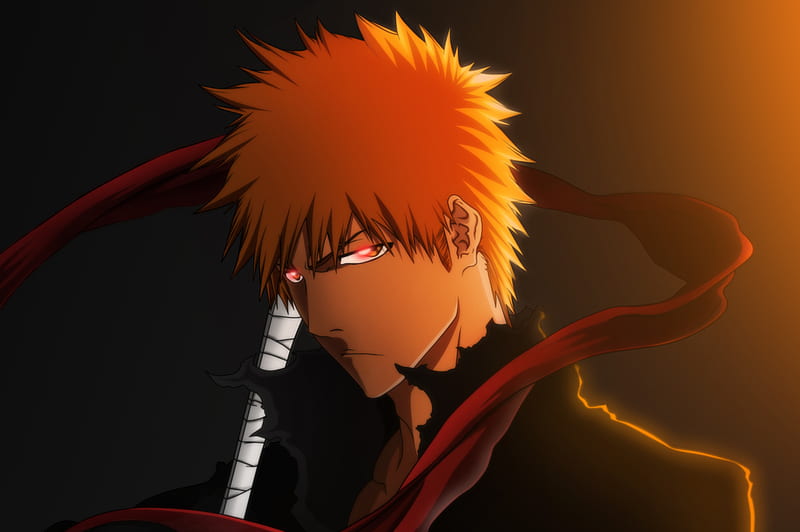 Ichigo Kurosaki, glowing eyes, male, ichigo, kurosaki ichigo, cool, spiky hair, anime, lone, dark, weapon, orange hair, sword, red eyes, HD wallpaper