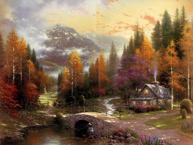 Forest Cottage, forest, stream, art, autumn, cottage, thomas kinkade, lights, bridge, painting, HD wallpaper