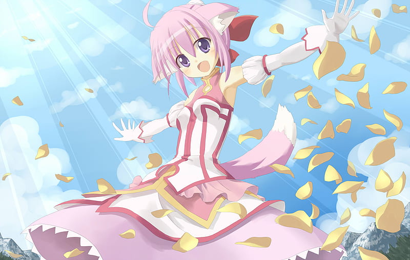 Millhiore F. Biscotti, pretty, sun, yellow, clouds, dog tail, nice, anime, flowers, beauty, anime girl, ears, millhiore f biscotti, sky, trees, happy, cute, cool, awesome, sunshine, white, red, dress, glow, dog ears, bow, bonito, green, pink, light, biscotti, dog days, sunlight, tail, smile, girl, millhiore, flower, petals, pink dress, princess, HD wallpaper
