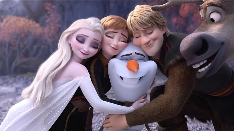 Frozen 2 (2019), movie, elsa, gustaf, snowman, frozen 2, disney, anna, winter, olaf, hugs, HD wallpaper