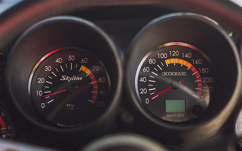Nissan Skyline, speedometer, dashboard, tachometer, sports car, 2000 GT-R, Japanese cars, Nissan, HD wallpaper