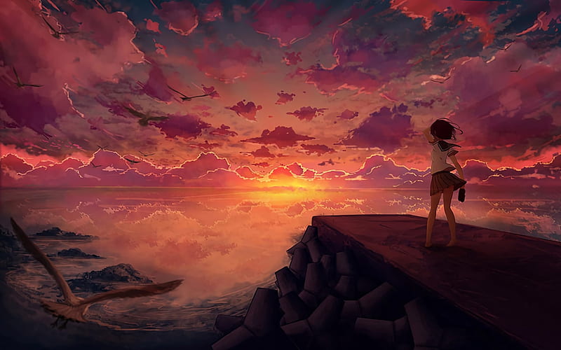 Anime Girl Looking at Sky, HD wallpaper