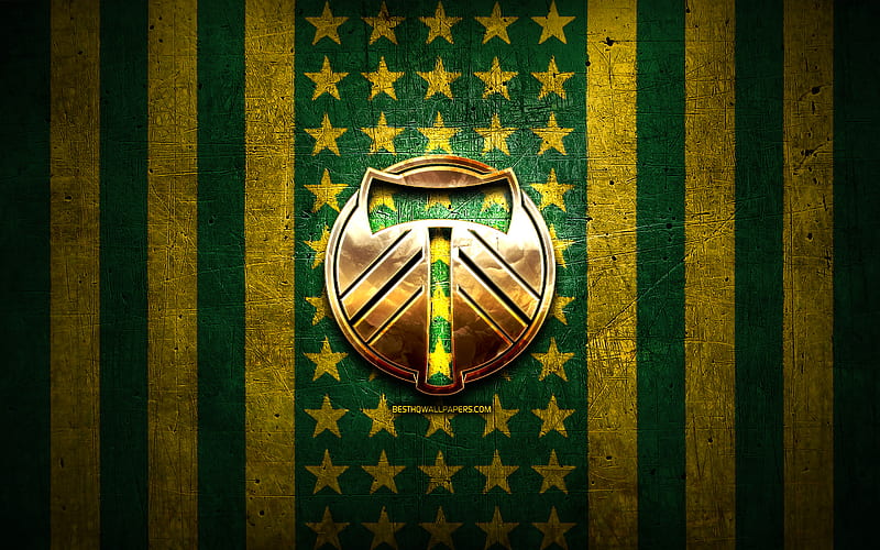 Portland Timbers flag, MLS, green yellow metal background, american soccer club, Portland Timbers logo, USA, soccer, Portland Timbers FC, golden logo, HD wallpaper
