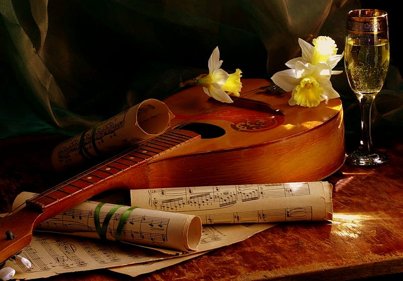 Romantic Serenade, table, champagne glass, violin, daffodils, ribbon, flowers, sheet music, HD wallpaper