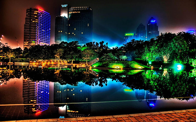 Night Neon, architecture, constructions, orange, monuments, scarlet, yellow, lights, modern, gold, cities, rivers, floor, houses, buildings, black, sky, trees, lagoons, water, purple, violet, white, red, city, parks, green, pave, neon, mirror, pink, tread, paving, blue, night, lakes, colors, sign, plants, reflected, reflections, HD wallpaper
