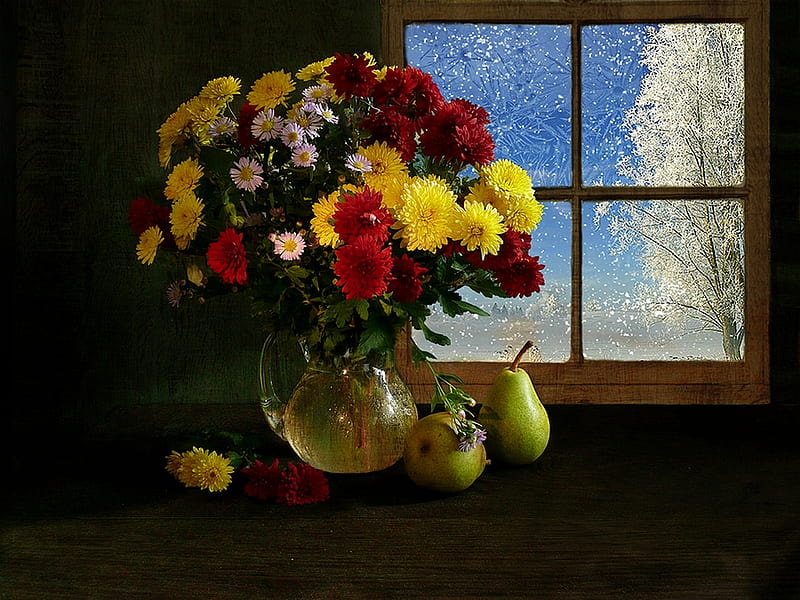 creative, table, window, vase, fruit, tree, pears, pane, flowers, room, HD wallpaper