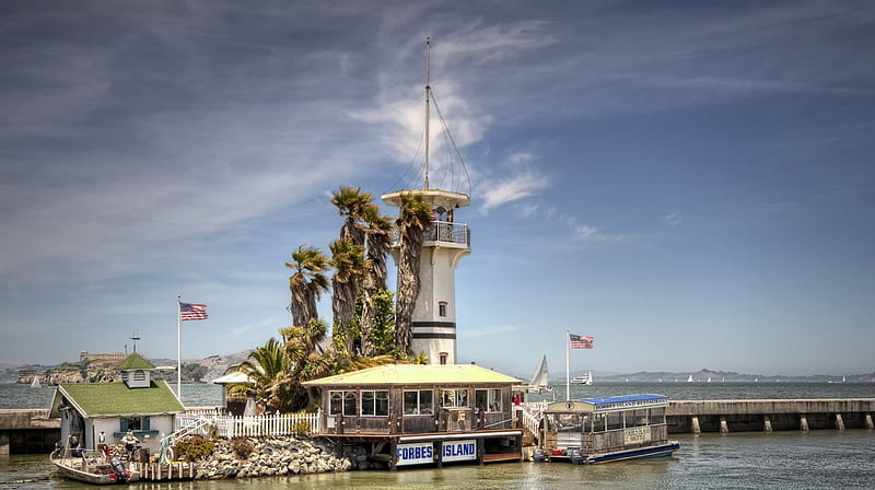 lighthouse on forbes island on fishermans wharf san francisco, boats, island, bay, wharf, lighthouse, docks, HD wallpaper