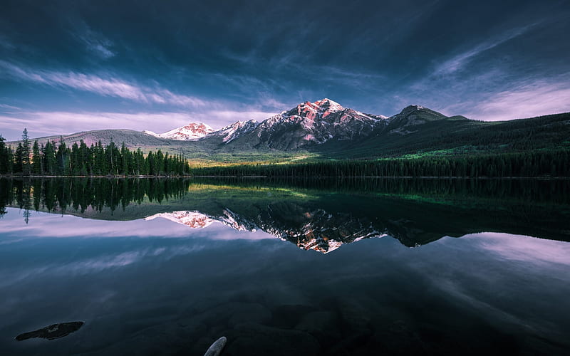mountain lake, sunset, evening, mountain landscape, evening sky, Jasper National Park, Canada, HD wallpaper