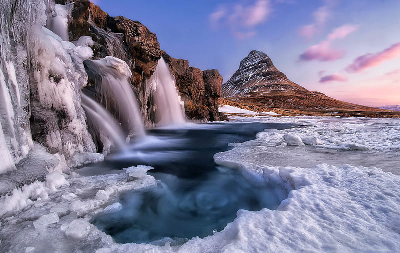 Kirkjufell, Iceland in the Winter, ice, waterfall, nature, iceland, HD wallpaper