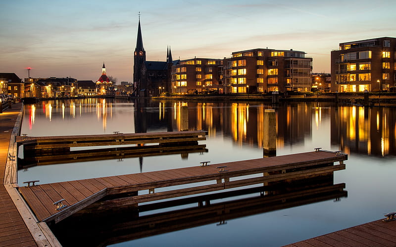 Leidschendam, lake, evening, sunset, cityscape, South Holland, Netherlands, HD wallpaper