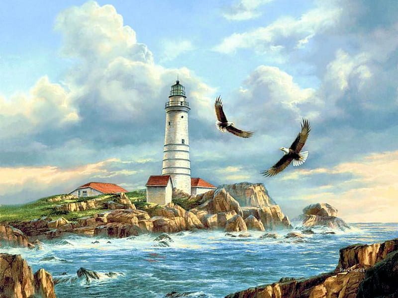 Boston Lighthouse, eagles, cottage, sky, clouds, artwork, sea, water, painting, cliff, HD wallpaper