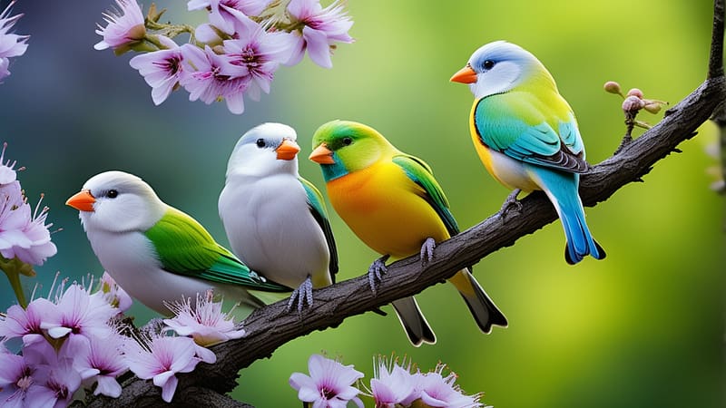 Four birds sitting on a tree branch, sarga, viragzas, feher, ules, novenyzet, negy madar, faag, szines madarak, szirom, viragok, termeszet, HD wallpaper
