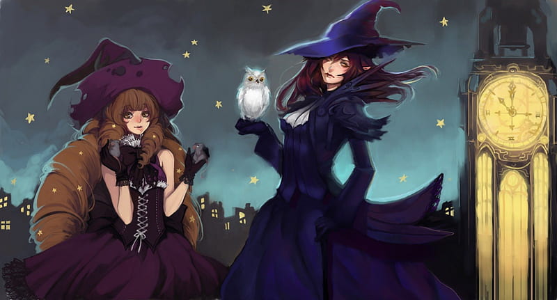 Witches, owl, clock tower, stars, Anime, mice, HD wallpaper