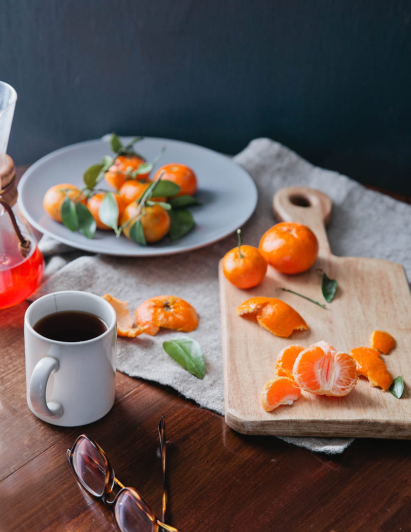 tangerines, citrus, fruit, cup, tea, HD phone wallpaper