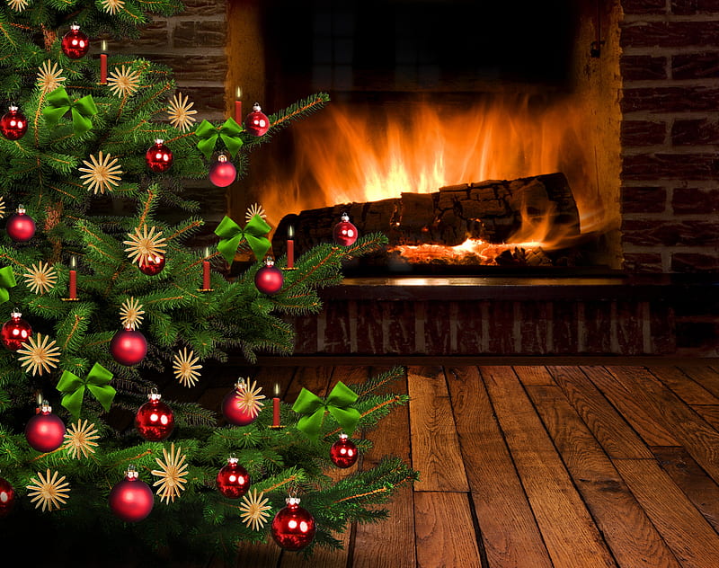 Christmas Tree, christmas eve, christmas, living room, xmas, fireplace, merry christmas, balls, magic christmas, room, HD wallpaper
