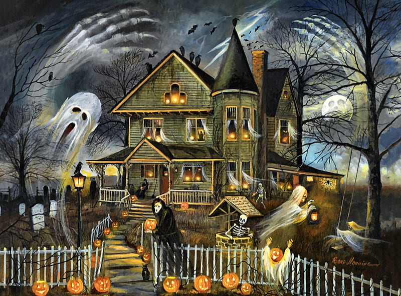 Halloween: Spooky House, house, halloween, haunted, creepy, fantasy, spooky, ghosts, pumpkin, painting, scary, HD wallpaper