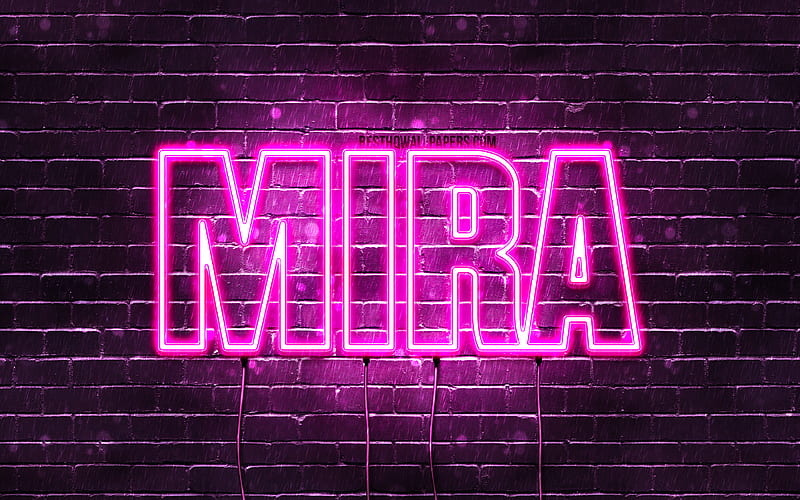Mira with names, female names, Mira name, purple neon lights, horizontal text, with Mira name, HD wallpaper