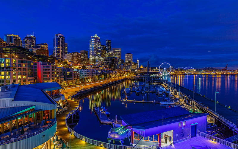 Seattle, Lake Washington, night, bay, yachts, state Washington, USA, HD wallpaper