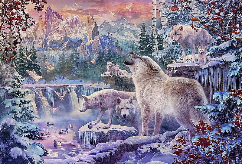 White wolves, snow, mountains, wolfpack, ice, digital, artwork, winter,  trees, HD wallpaper | Peakpx