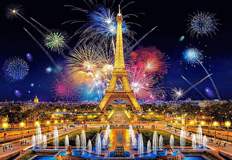 Glamour of the Night, fountains, france, eiffel tower, fireworks, painting, paris, artwork, HD wallpaper